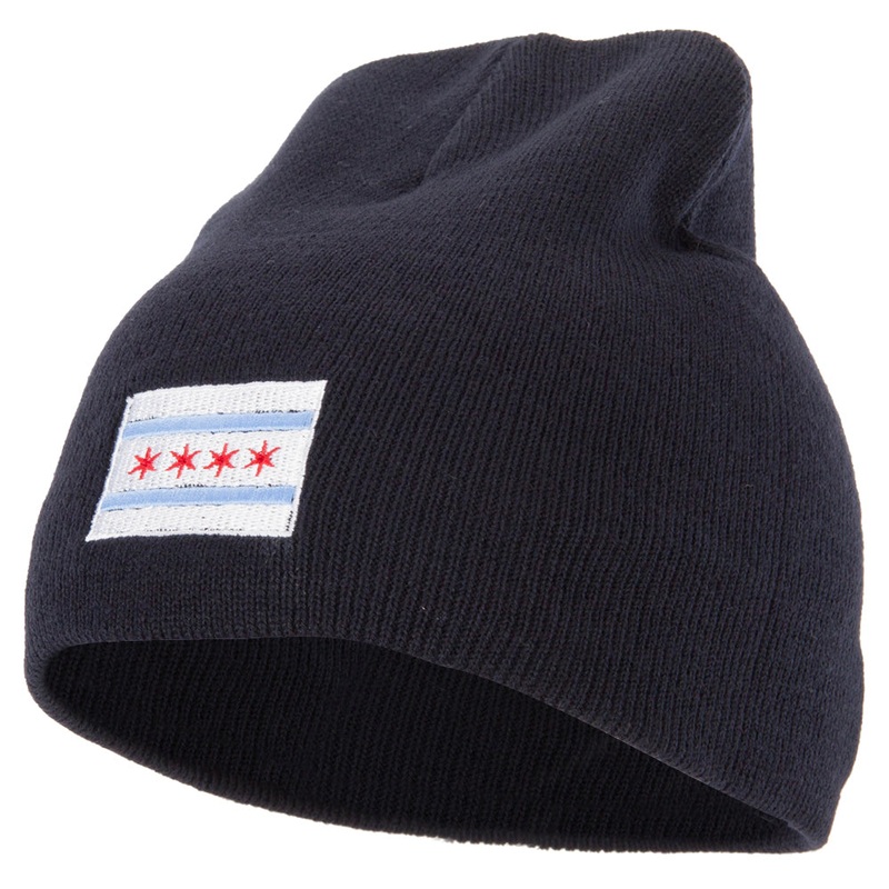 Chicago City Flag Embroidered 8 Inch Knitted Short Beanie Navy One Size