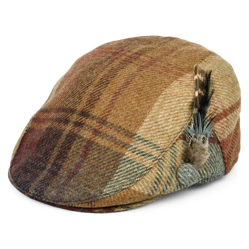 Failsworth Hats British Wool Tartan Feather Flat Cap – Mustard-Multi Small/Medium