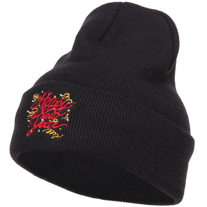 Happy New Year Embroidered Long Knitted Beanie Black One Size
