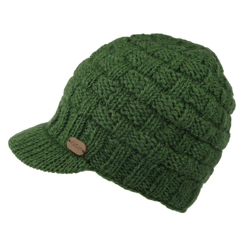Kusan Basket Weave Peaked Beanie Hat – Olive 1-Size