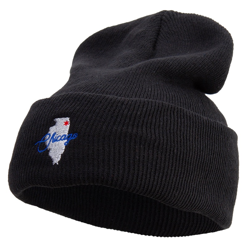 Made in USA Chicago Map Logo Embroidered Stretch ECO Cotton Long Beanie Black One Size