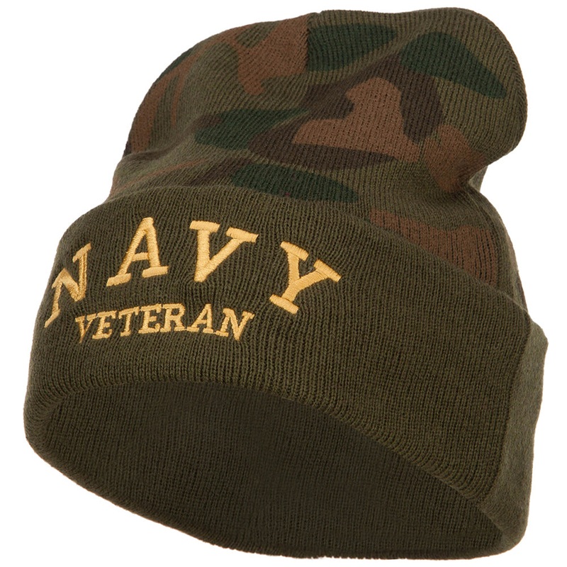 Navy Veteran Letters Embroidered Camo Beanie Green One Size