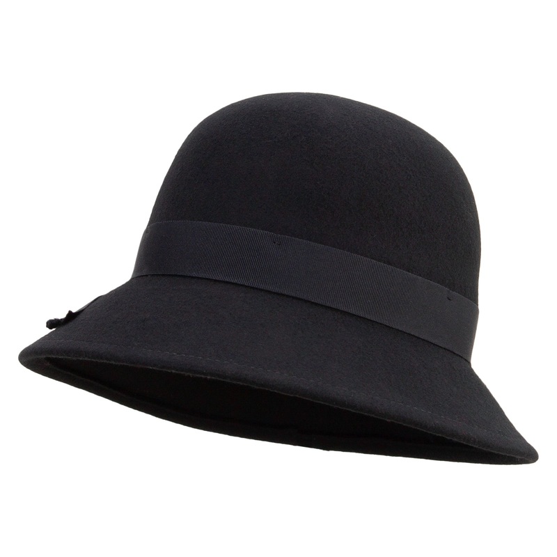 Women’s Cloche Black Ribbon Slanted Brim Hat Black One Size