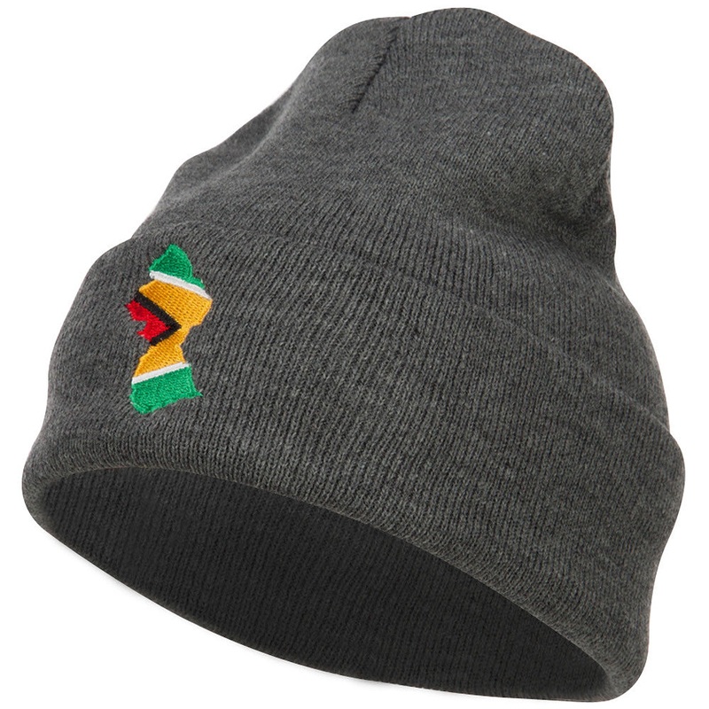 Guyana Flag Map Embroidered Long Beanie Dk Grey One Size