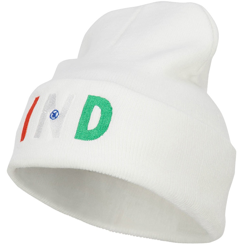 India IND Flag Embroidered Long Beanie White One Size