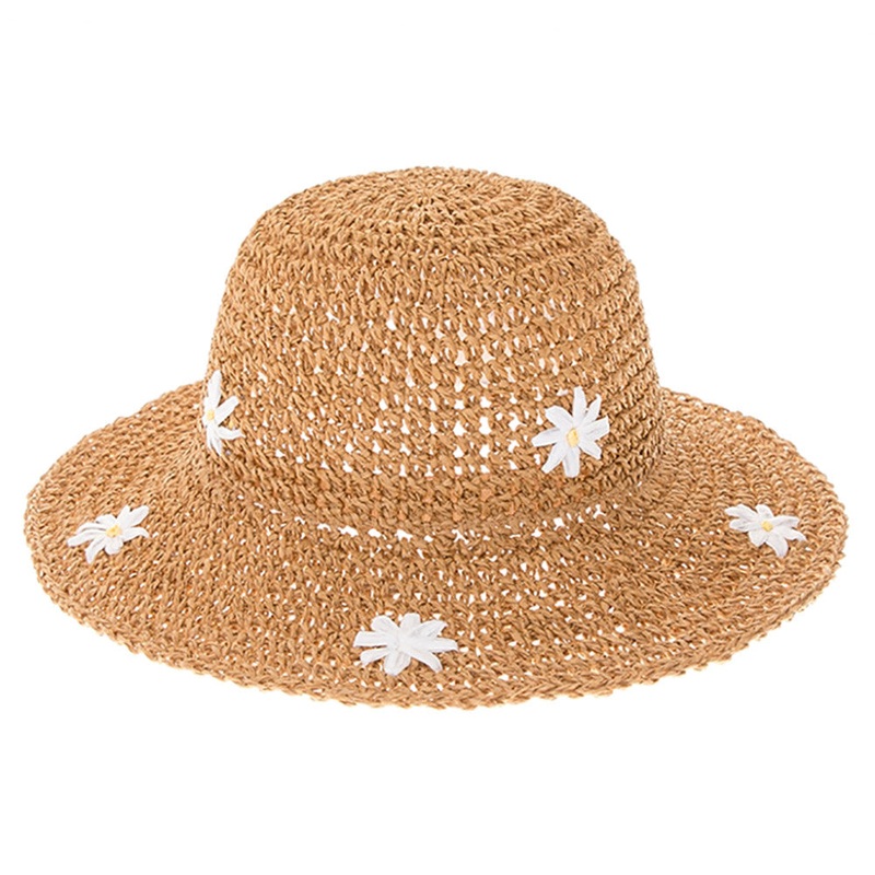 Petite Crocheted Hat with Daisies – Boardwalk Style Brown XS (54 cm)