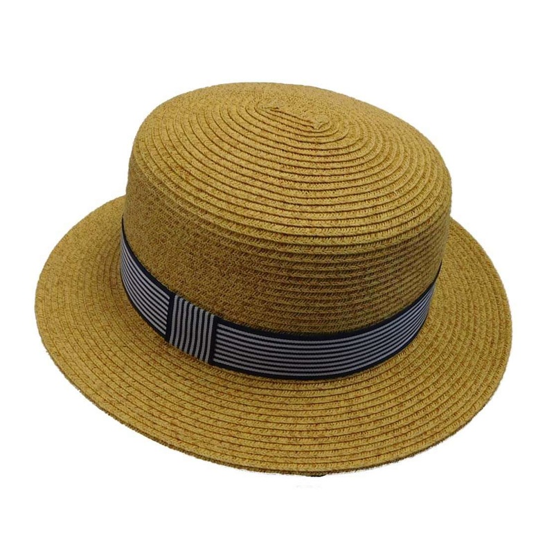 Straw Boater Hat with Striped Band Blue