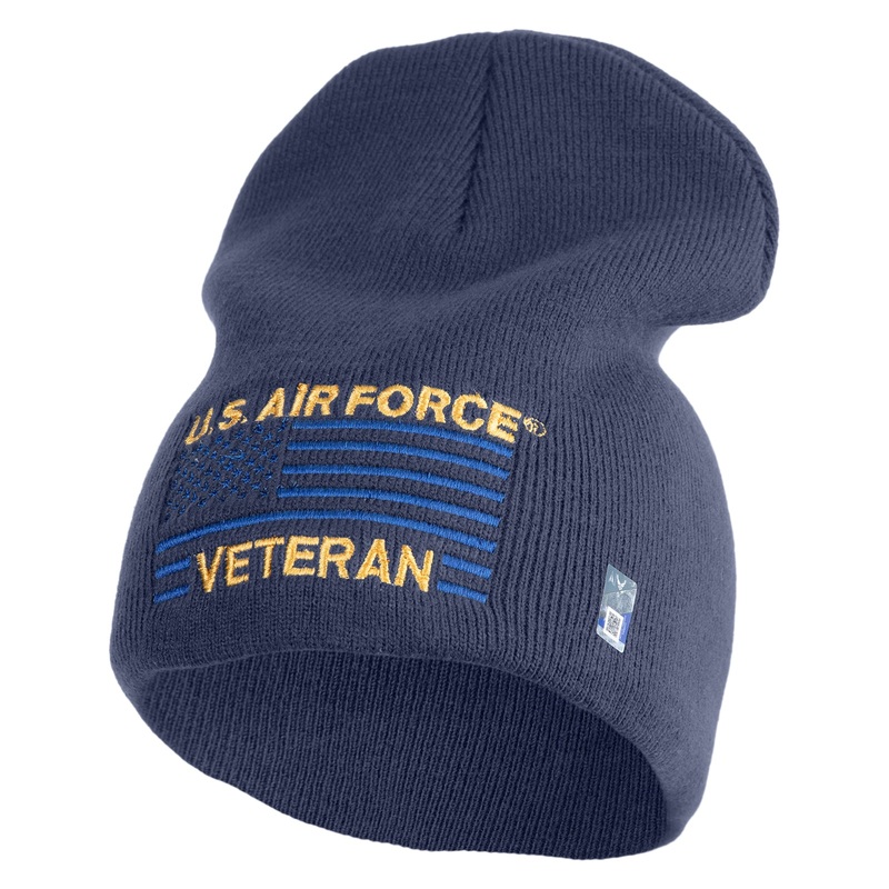 US Air Force Veteran with Flag Symbol Embroidered 8 Inch Solid Knit Short Beanie Made in USA Navy One Size