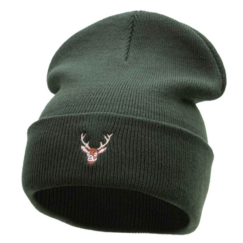 Mini Stag Embroidered 12 Inch Long Knitted Beanie Olive One Size