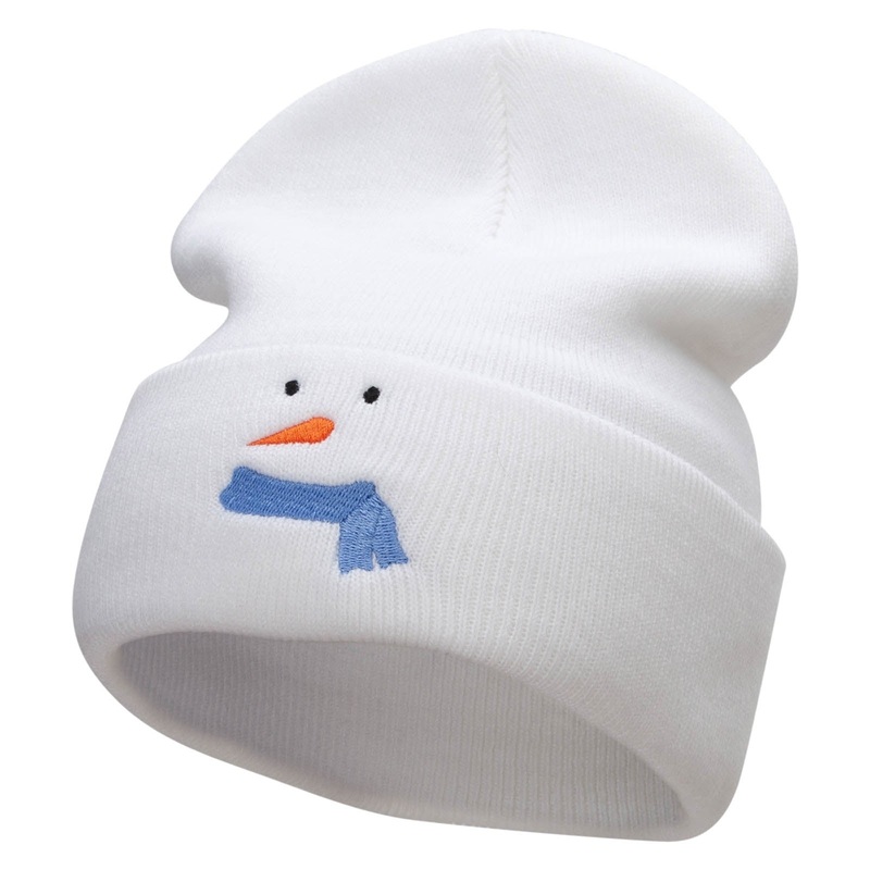 Minimal Snowman Embroidered 12 Inch Long Knitted Beanie White One Size