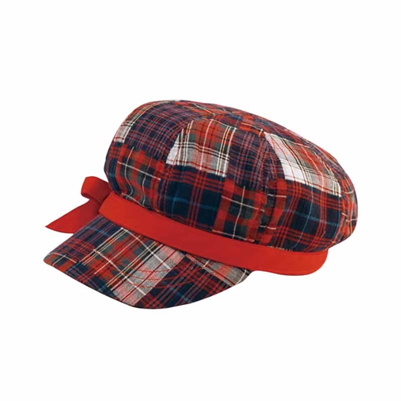 Plaid Cotton Newsboy Cap with Bow for Small Heads Red Extra-Small (53 cm)