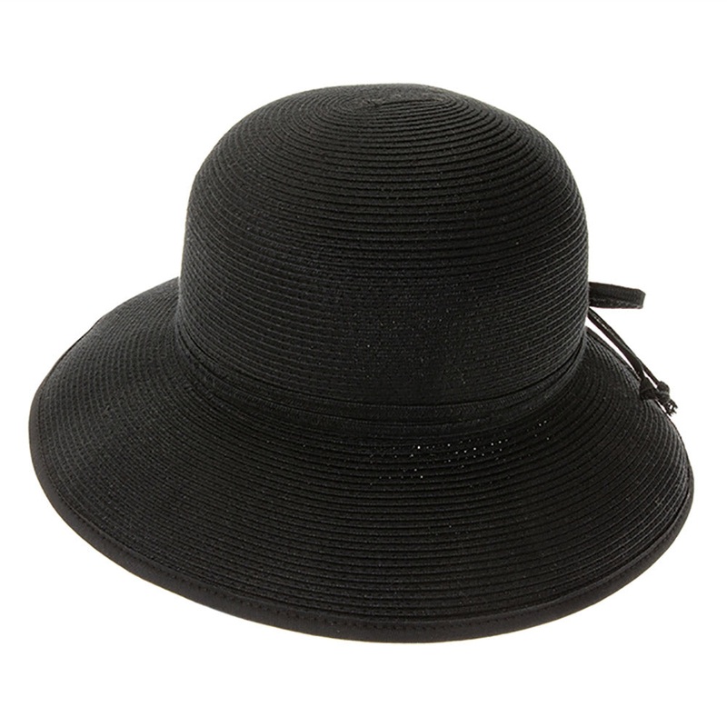 Washable Split Brim Straw Cloche with Double Bow – Boardwalk Style Black OS (57 cm)