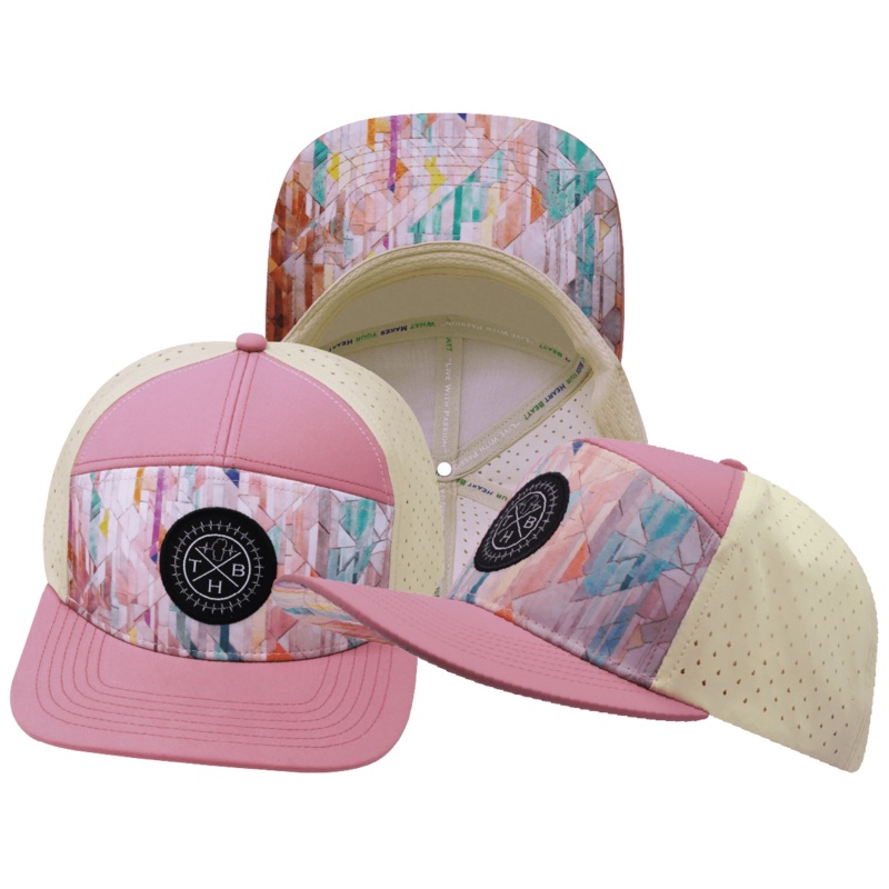 **YOUTH** Color Vibes Hat – Flat Bill – Geo Mosaic – Pink Peach / Cream – Laser Mesh