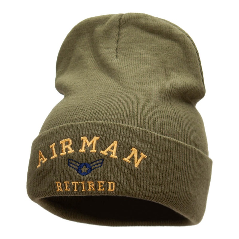 Airman Retired Embroidered Long Knitted Beanie Olive One Size