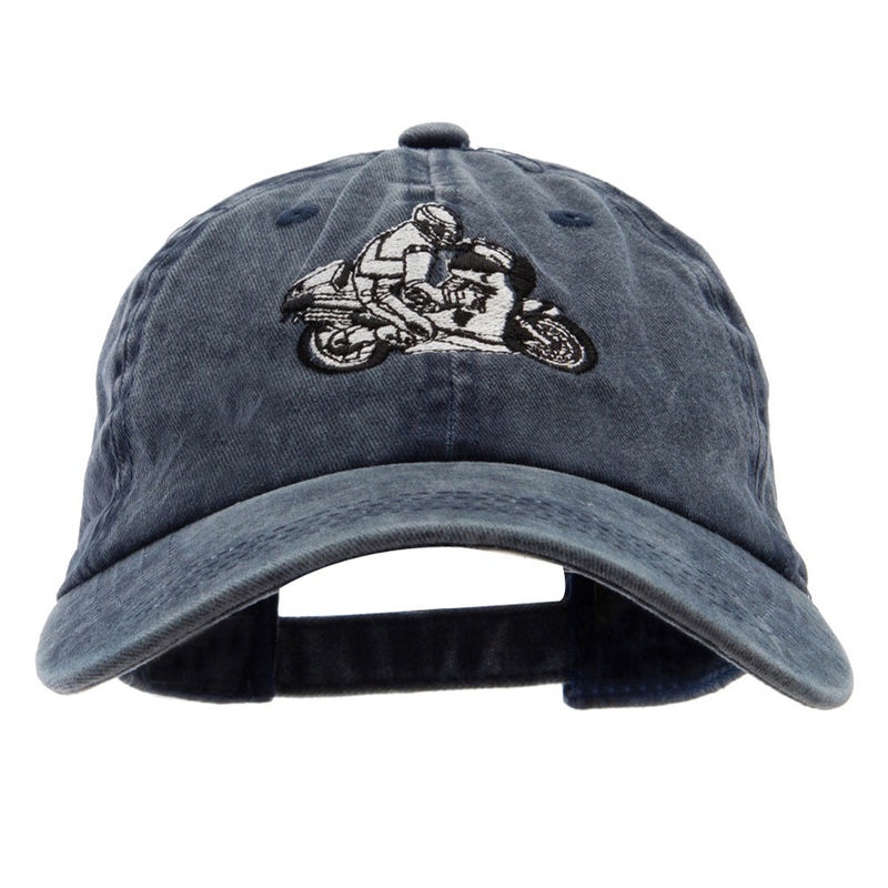 Motorcycle Race Embroidered Washed Solid Pigment Dyed Cotton Twill Brass Buckle Cap Navy One Size