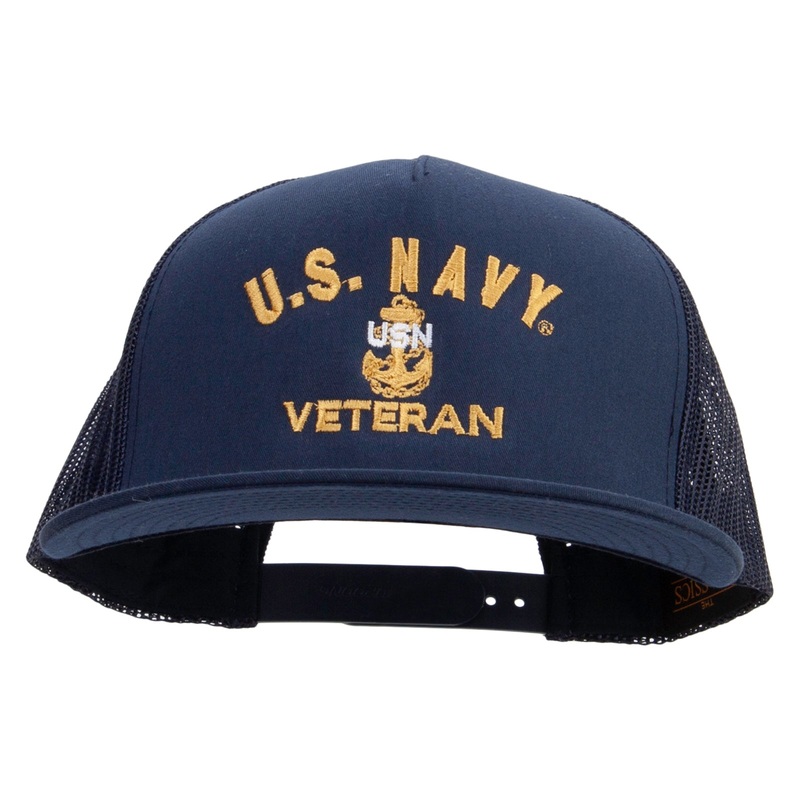Navy USN Veteran Embroidered 5 Panel Mesh Trucker Snapback Cap Navy One Size
