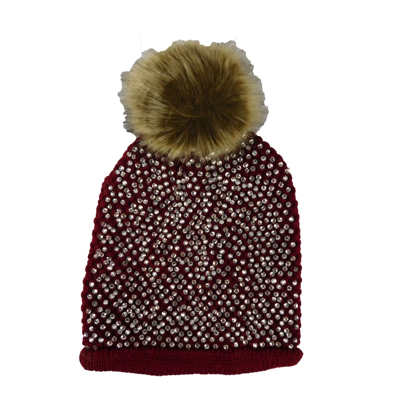 Rhinestone Pom Pom Beanie Dark red