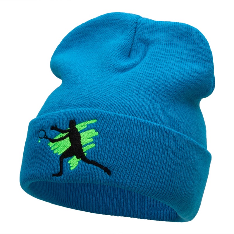 Tennis Action Player Silhouette Embroidered Long Knitted Beanie Aqua One Size
