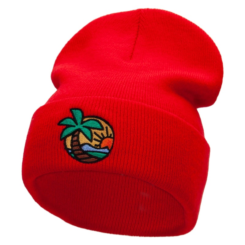 Vacation Time Embroidered 12 Inch Long Knitted Beanie Red One Size