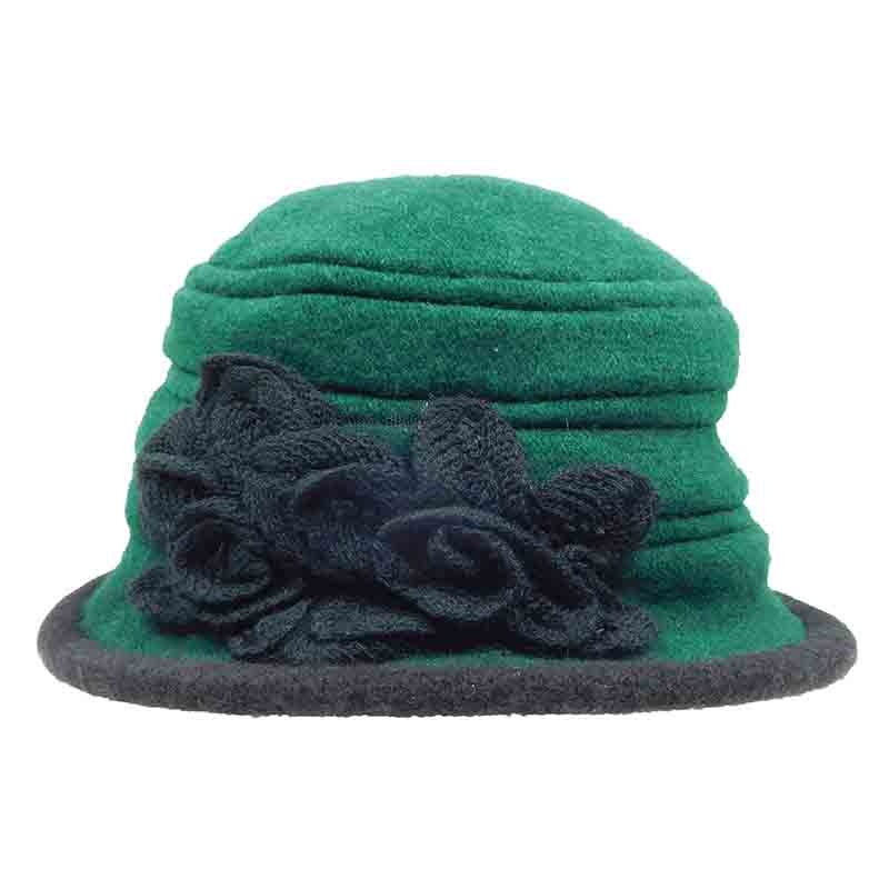 Wool Bucket Hat with Crochet Flower Green