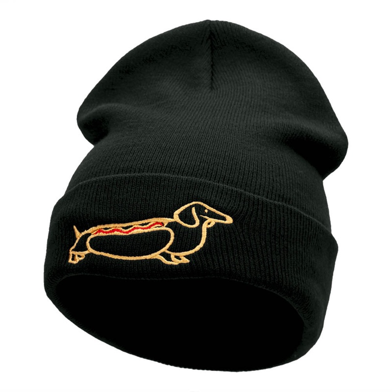 Adorable Dachshund Outline Embroidered Knitted Long Beanie Black One Size