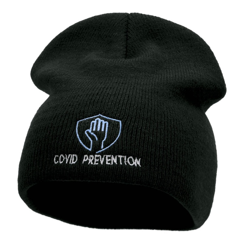 Covid Prevention Symbol Embroidered Short Knitted Beanie Black One Size