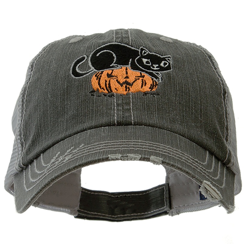 Halloween Cat and Pumpkin Embroidered Low Profile Cotton Mesh Cap Black One Size