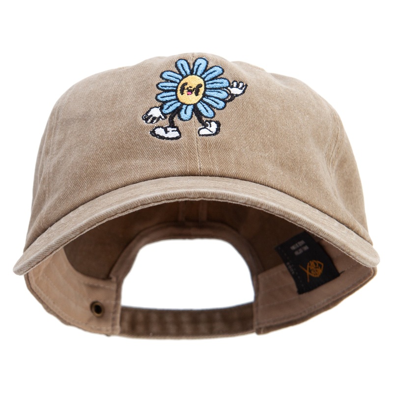 Happy Flower Character Embroidered Unstructured Pigment Dyed Cotton Cap Dk Beige One Size
