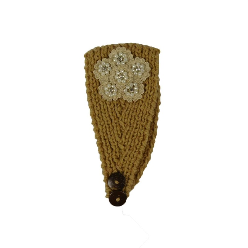 Knit Headband with Floral Embroidery Camel