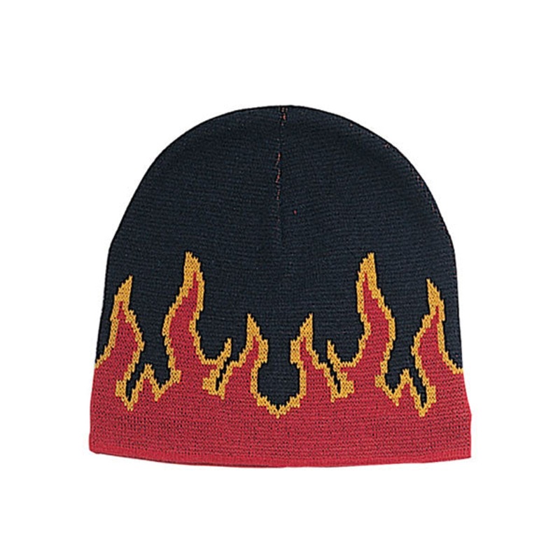 Mega Cap 5026 Jaquard Knitted Flame Beanie BLK-RED