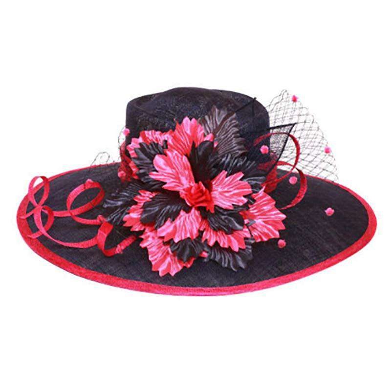 Sinamay Derby Hat with Silky Flower Accent Navy and Fuchsia
