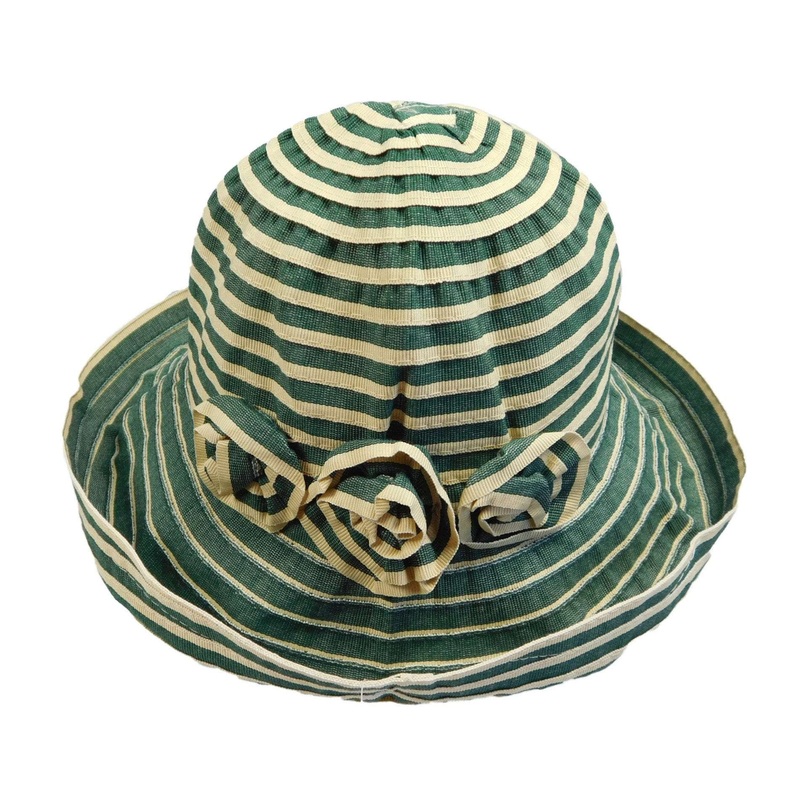 Striped Kettle Brim Hat with Flowers Green