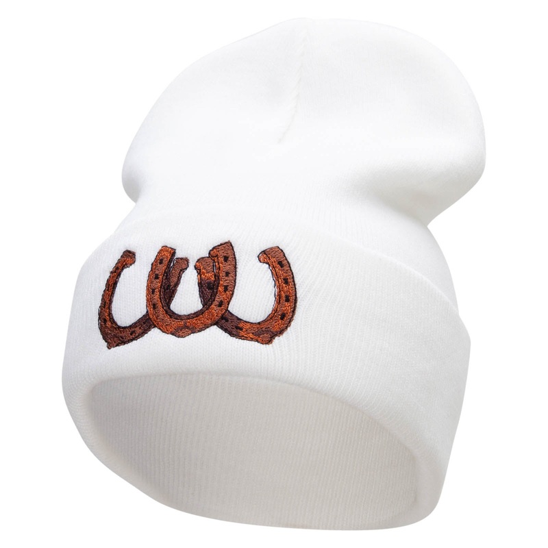 Triple Horse Shoe Embroidered 12 Inch Long Knitted Beanie White One Size