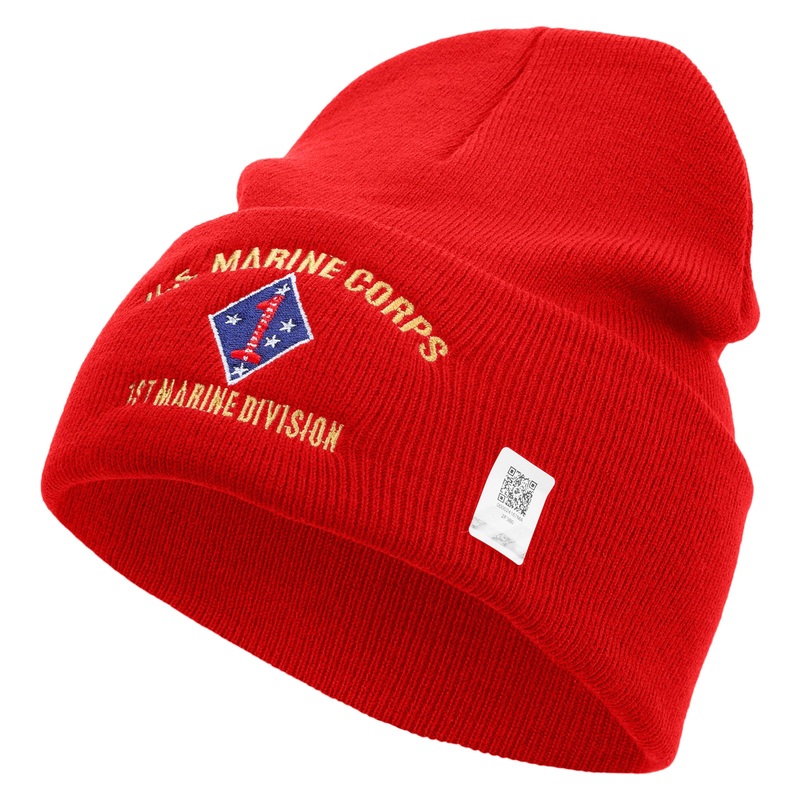 U.S. Marine Corps 1st Marine Division Logo Embroidered 12 Inch Solid Knit Cuff Long Beanie Made in USA Red One Size