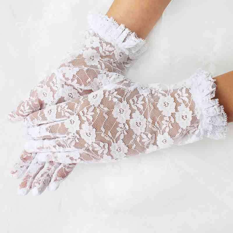 White Lace Gloves with Ruffle Trim White
