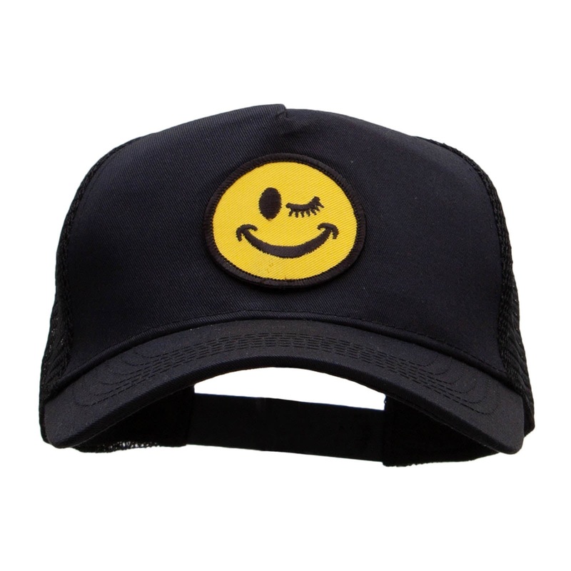Winking Smile Face Patched Solid Cotton Twill 5 panel Mesh Back Cap Black One Size