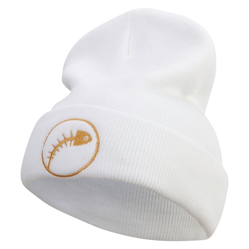 Abstract Fish Bone Embroidered 12 Inch Long Knitted Beanie White One Size