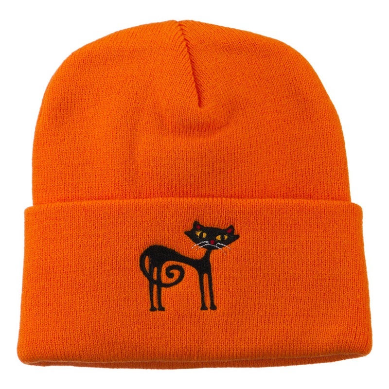 Black Cat Embroidered Long Beanie Orange One Size