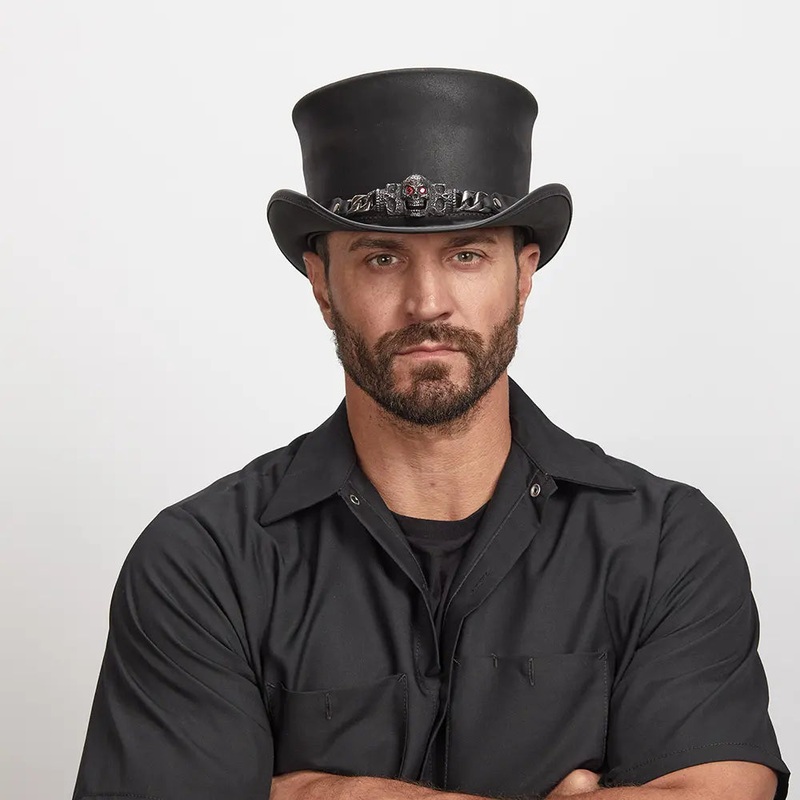 El Dorado Red Eye | Mens Leather Top Hat with Red Eye Hat Band Black MD