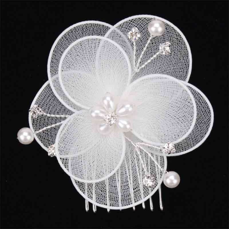 Mesh Flower with Beads and Pearl Bridal Hair Comb White