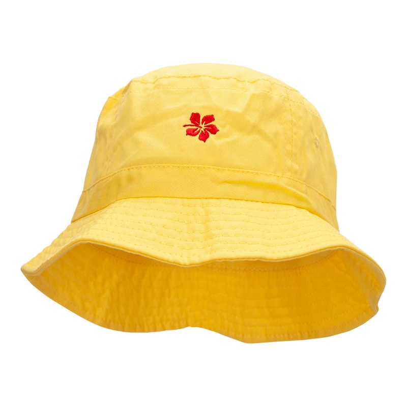 Tropical Hibiscus Flower Embroidered Bucket Hat Yellow One Size