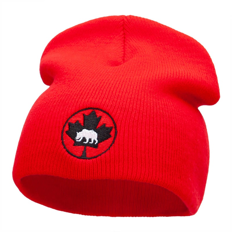 Canada Leaf With Bear Embroidered 8 Inch Knitted Short Beanie Red One Size