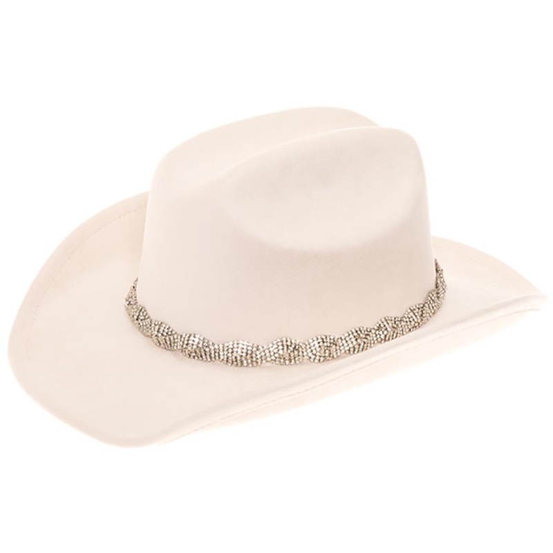 Faux Suede Western Hat with Braided Rhinestone Band – Boardwalk Style Winter White Medium (57.5 cm)