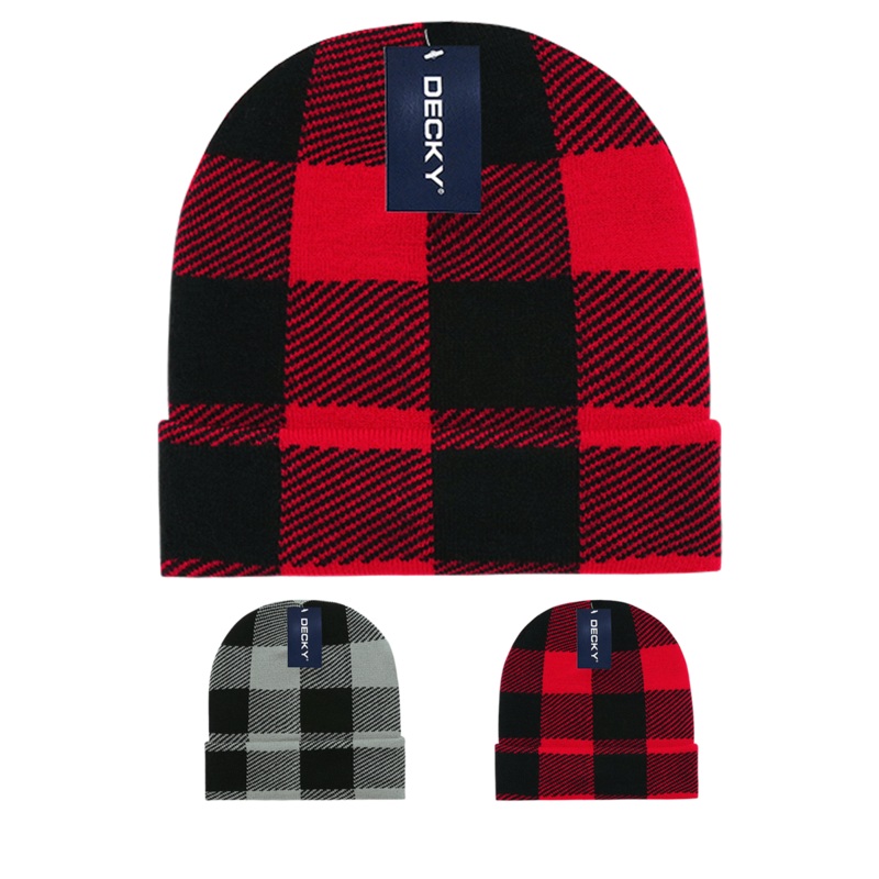 Lot of 12 Decky Buffalo Plaid Beanies Knit Caps Red Plaid Buffalo Check Bulk (with cuff) Black Plaid