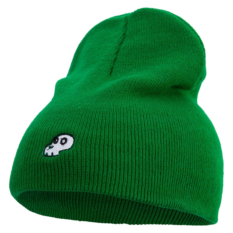 Mario Turtle Skull Embroidered 8 Inch Solid Knit Short Beanie Made in USA Kelly Green One Size