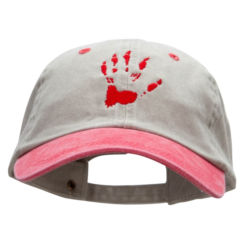 Monster Handprint Embroidered Pigment Dyed Wash Caps Beige Red One Size