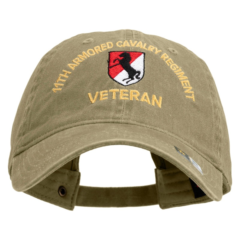U.S. Army 11th Armored Cavalry Regiment Embroidered Washed Solid Pigment Dyed Cotton Twill Brass Buckle Cap Khaki One Size