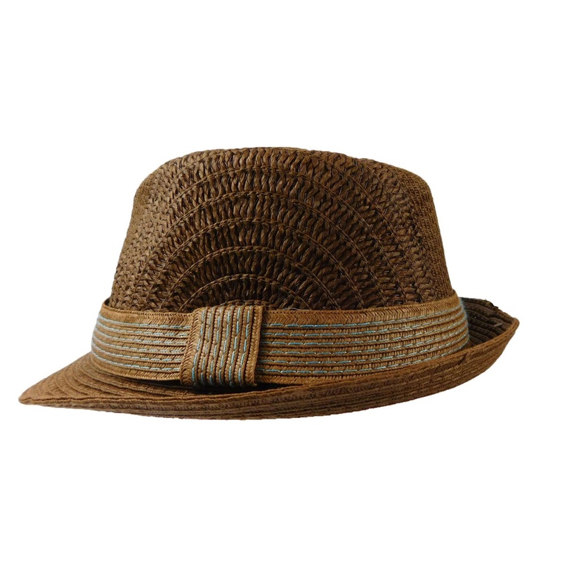 Brown Straw Fedora Hat with Blue Stitched Band M Brown
