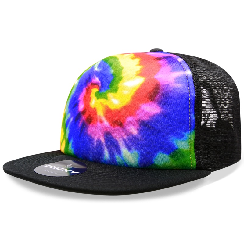 Decky 1079 5 Panel Tie Dye Trucker Hat, Tiedye Flat Bill Hat, Snapback Rainbow