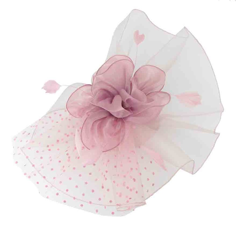Large Wavy Mesh Fascinator with Silky Floral Center – Sophia Collection Pink